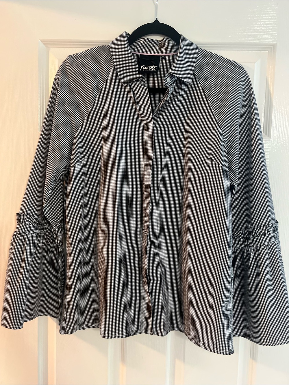 Nanette Lepore Black and White Gingham Bell Sleeve Button-Down Shirt